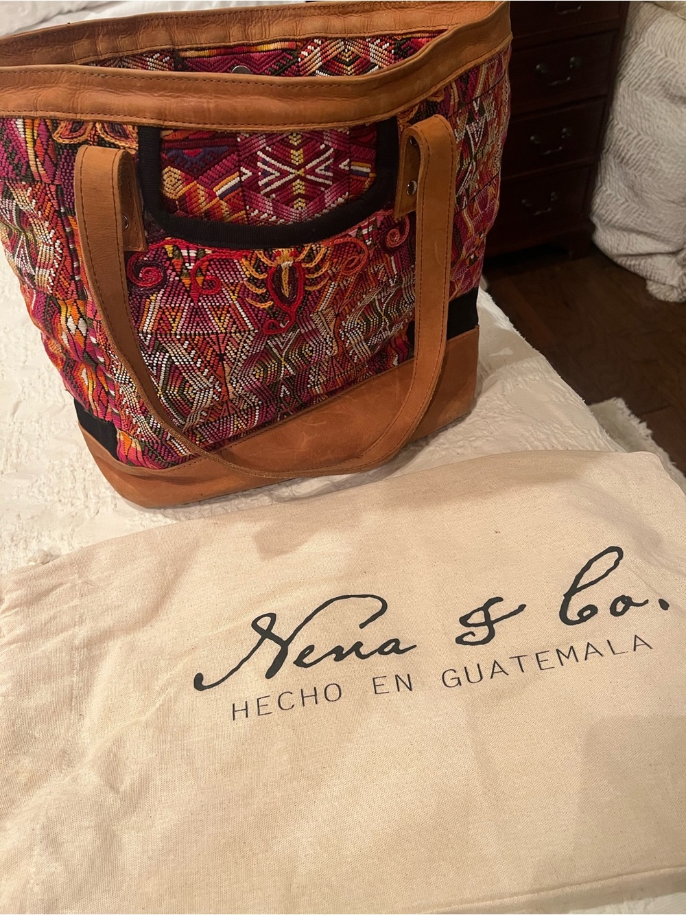 Nena & Co. Handwoven Multicolor Tote with Tan Leather Trim